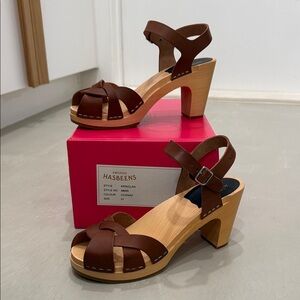 Swedish Hasbeens “Kringlan” Leather Woven Clog Sandals (Cognac)